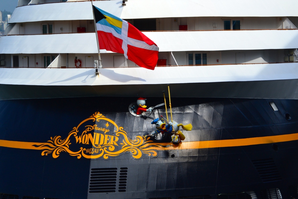 Donald Duck on the bow of a Disney cruise ship